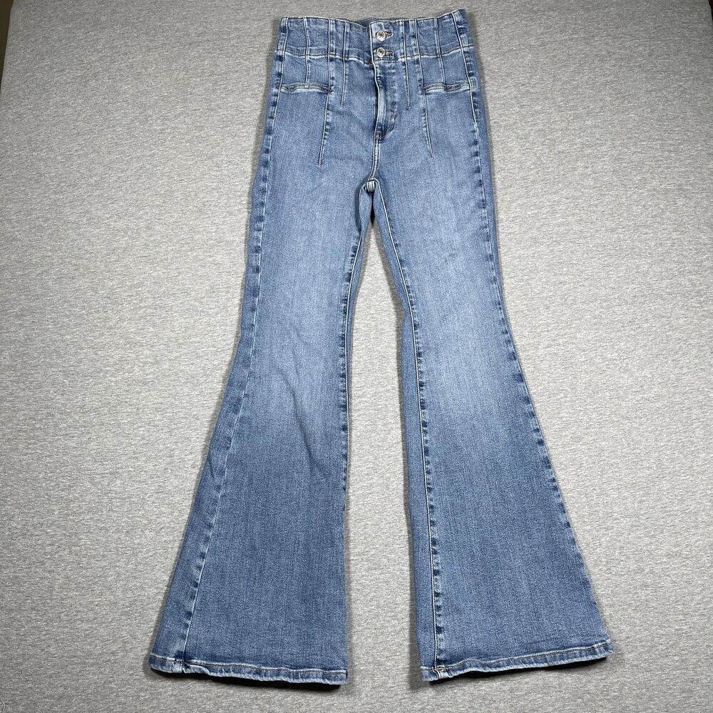 Free People We The Free Jeans Womens 28 S Blue Flared High Rise Pleated Denim